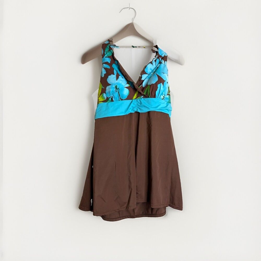 Tropic Escape Womens Plus 18W 1 Piece Swimdress Halter Brown Blue Floral